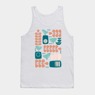 Retro Mid Century Modern Bird and Leaves in teal, light blue, peach and dark salmon Tank Top